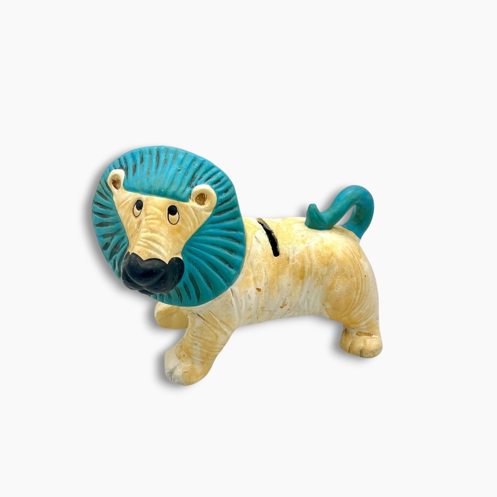 Vintage Ceramic Lion Piggy Bank Teal Blue Mane Hand Painted Folk Art Figurine